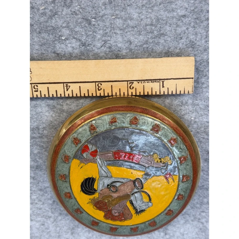 Vintage Solid Brass Trinket Box India Enameled Rocking Horse Jewelry Dish 4 Inch